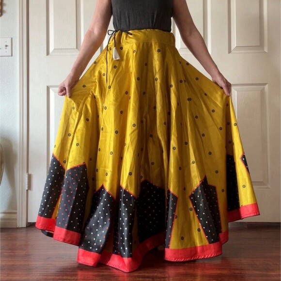 Artisan Boho Maxi Skirt OSFM India Festival Art Wear Lined Drawstring Yellow